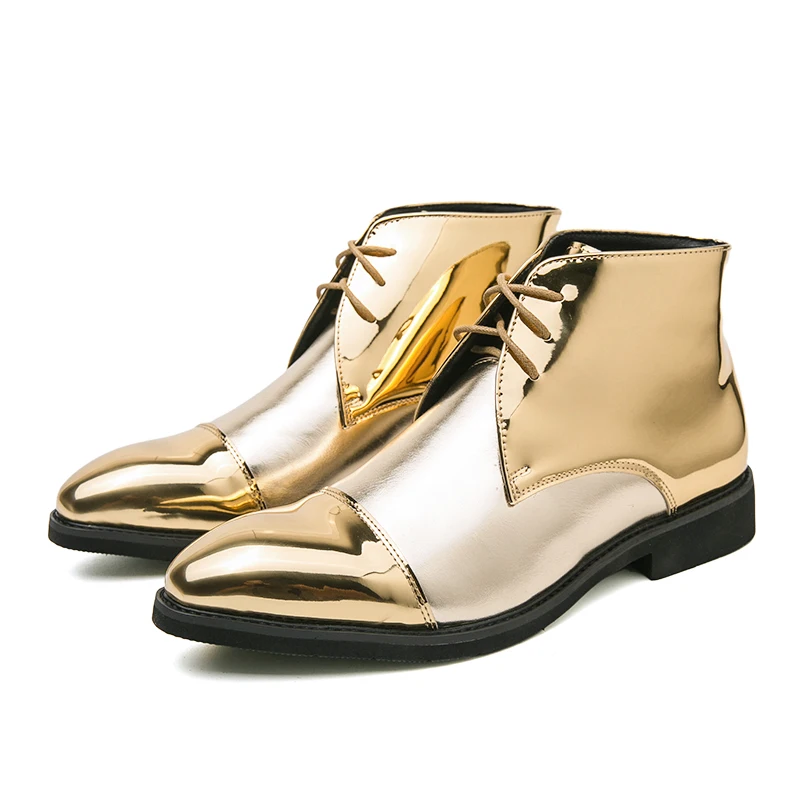 Men's Gold Lace Dress Shoes Oxfords High Top Patent Leather Boots Large Size 38-46 Non-slip Design Fashion Formal Patent Leather