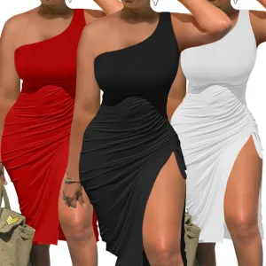 New Arrival Tight Shoulder Sleeveless Pleated Solid Knee Length Women Club Dress