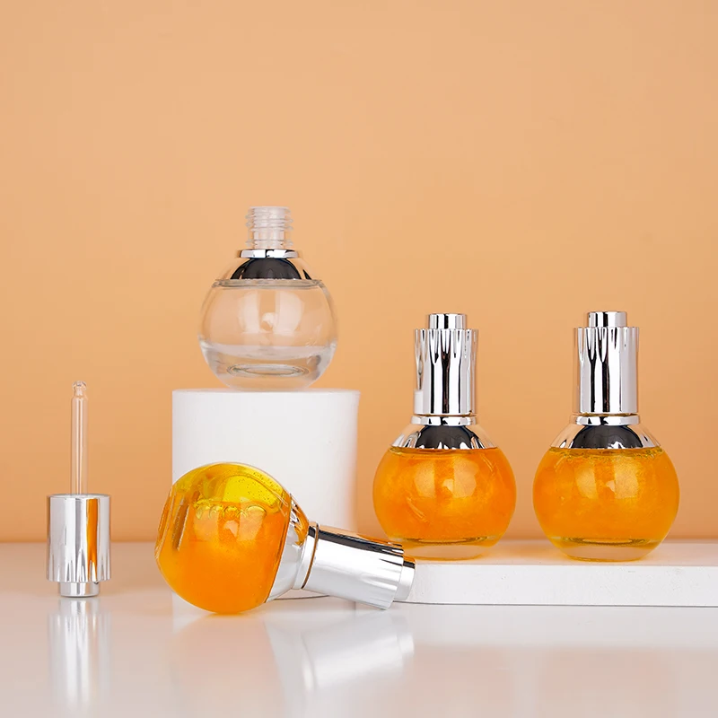 Design Spherical Clear Press Glass Dropper Bottles 30ml Facial Cleanser Skin Care Serum Sunscreen Cream Empty Packaging Polished