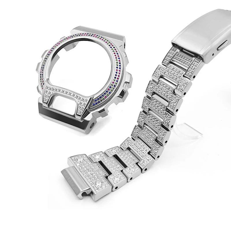 Iced-Out DW-6900用ベゼル CZシルバー DW6900高級Modキットプロフェッショナルステンレス鋼ストラップ