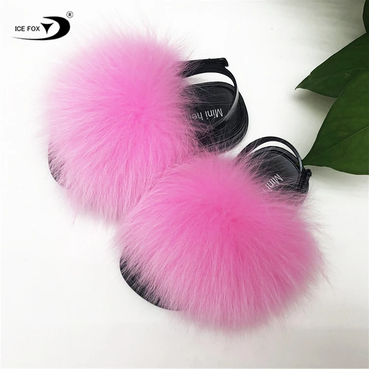 Factory Price 2021 New Colorful Real Fox Fur Sandals With Strap Toddler Kid Fur Slides