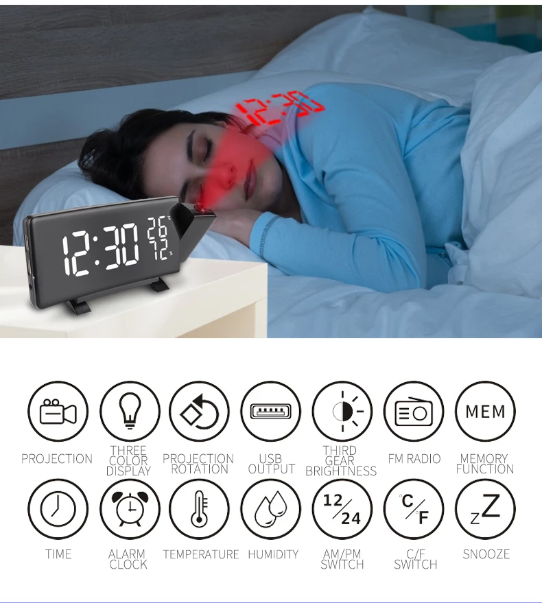 High Tech Curve Screen Multi Color LED Light Digital FM Radio Snooze Alarm Clock with Time Projection on Wall