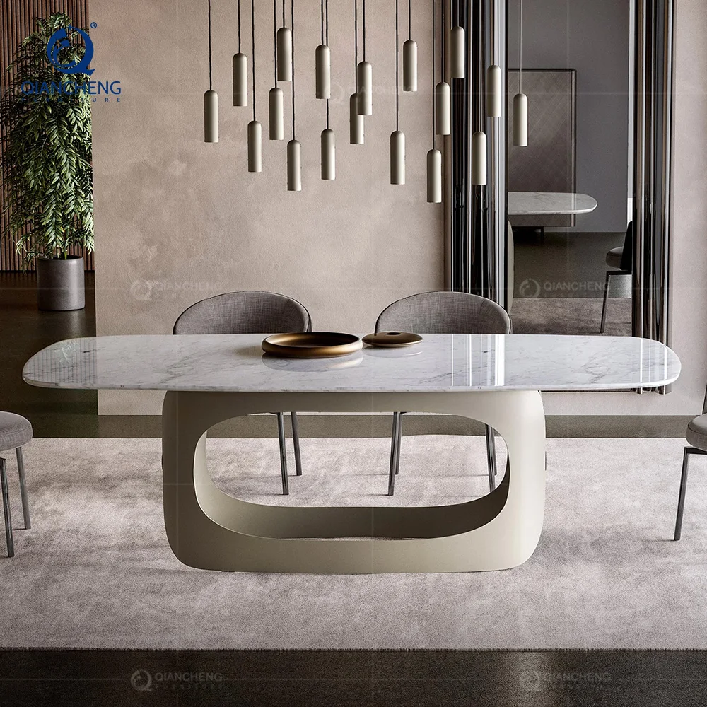 Qiancheng Marble Telescopic Folding and Extendable Stainless Steel Dining Table Set 6 Seater With 4 Chair Made in Foshan China