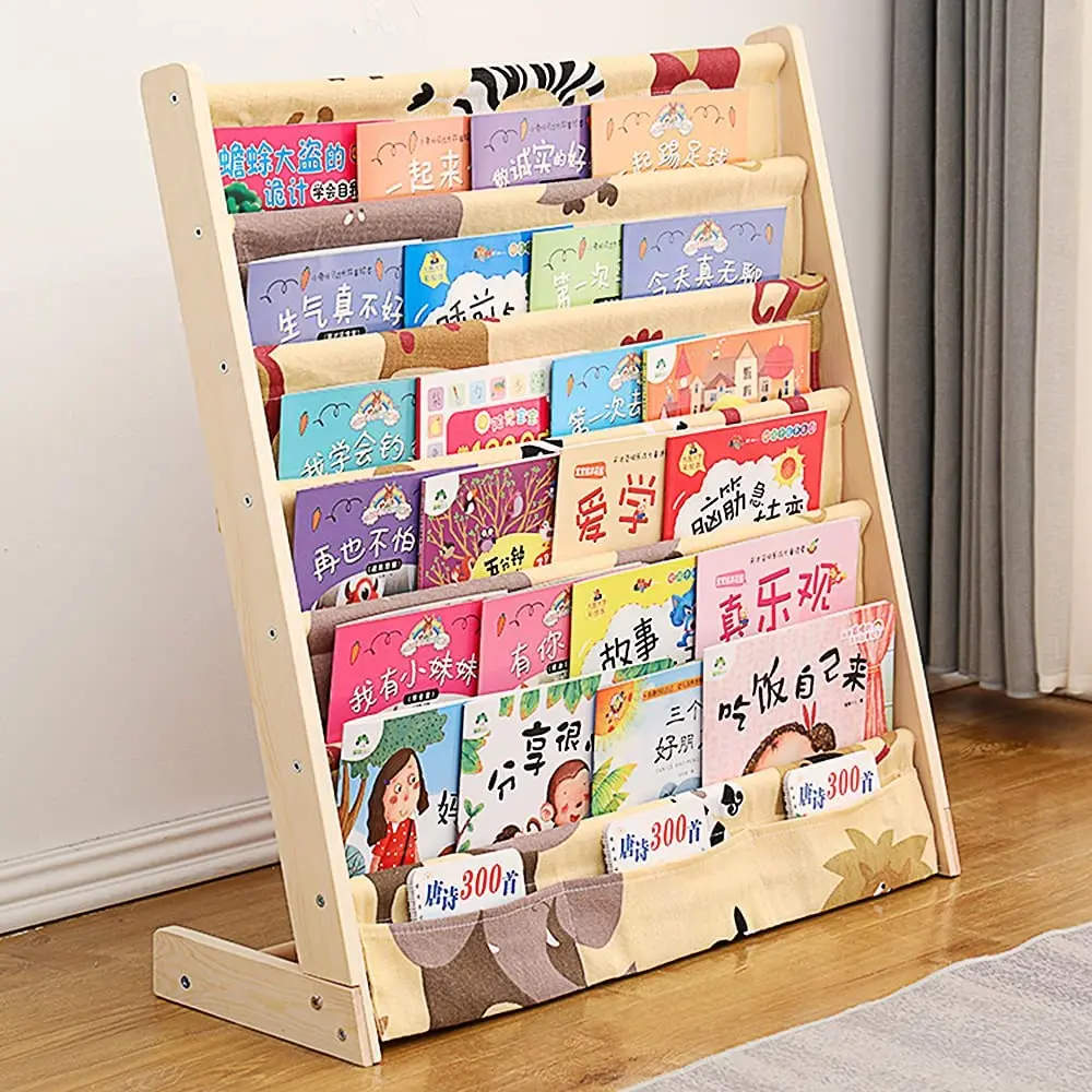 AIWQTO Multilayer Storage Organizers Bookcase For Child's Bedroom Playroom,Wood Kids Bookshelf,Toddler Canvas Sling Storage Rack-A 64x30x79cm 25x12x31inch 