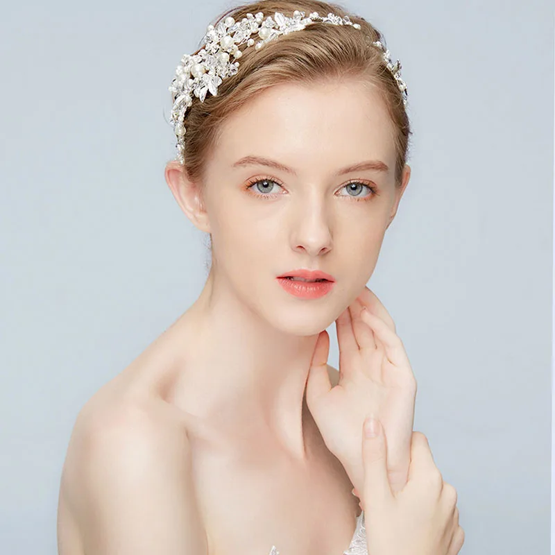 Оптовая продажа свадебные аксессуары для волос ручной работы с кристаллами серебряный головной убор принцессы жемчугом невесты