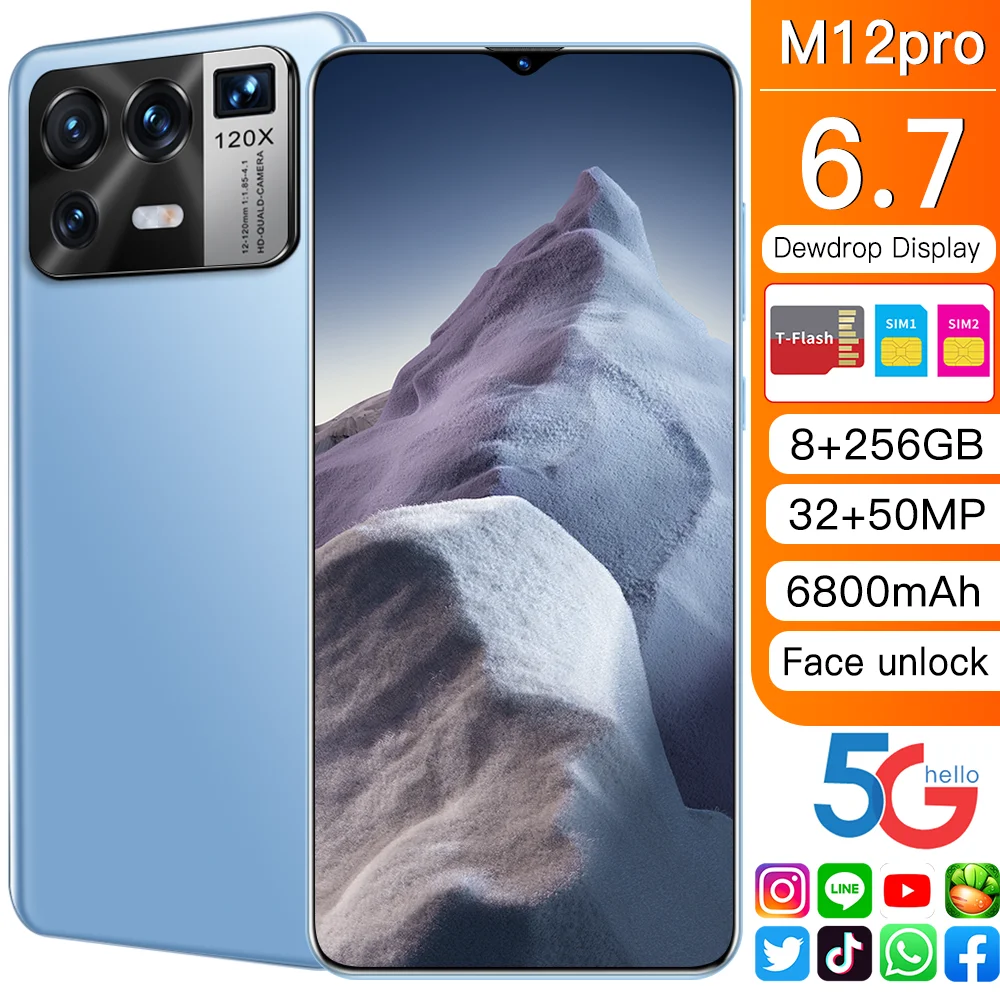 Новый M12 Pro 8 Гб + 256 Гб 6,7 Дюймов Смартфон Глобальная Разблокирована С  Функцией Распознавания Лиц Android11 Сотового Телефона Телефоны Зеркало ...