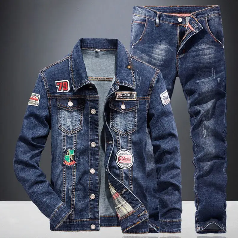 Fashion Hot Selg Suit Custom Fiess Two Piece Set Men's Bicycle Denim Jacket and Jeans Fabric Casual Knitted_voghion.com