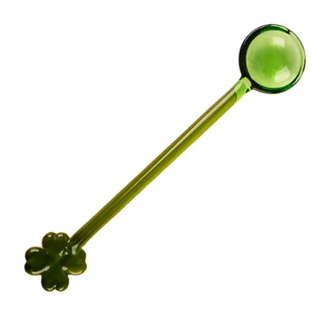 Hot selling colourful four-leaf clover long handle round head glass spoon