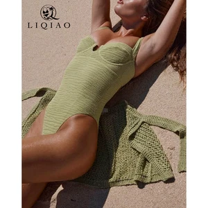 Swimwear Garment Olive Green Breathable Reversible Plus Size Textured Halter Neck One Piece Brazilian Bottom Swimwear Set