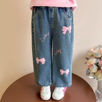 Girls' Bow Jeans 2025 Spring and Autumn New Style Children's Pants Korean-style Stylish Straight Pants for Little Girls