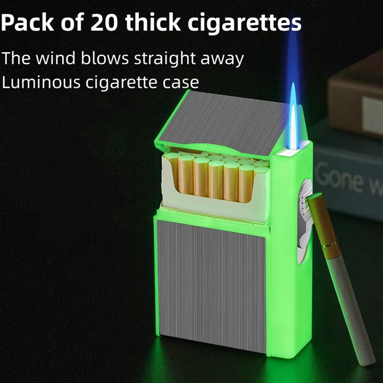 AIRO 2023 New Luminous Cigarette Case Gas Metal Blue Flame Cigarette Case With Lighter