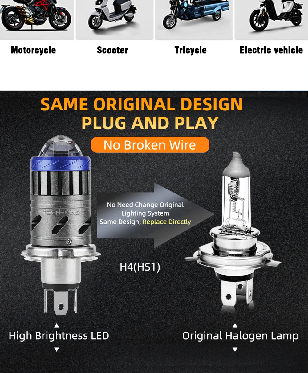 TECH-KING Motorcycle LED Headlight Bulb HS1 9003 Hi/Lo Beam 26W 3000LM Snowmobile Scooter place Directly Conversion H4 lens bulb