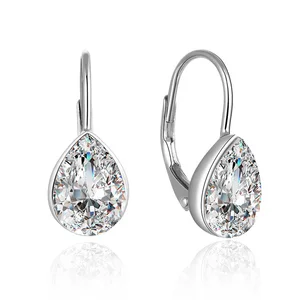 New Collection 925 Sterling Silver Pear Shape Crystal Leverback Earrings