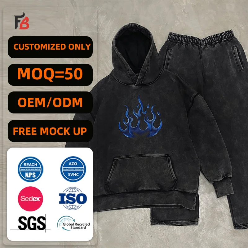 Hoodie Manufacturers Custom Heavyweight Acid Wash Oversized Flared Sweatpants and Hoodie Set
