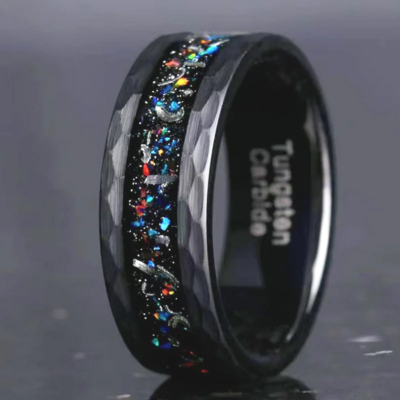 CHENG JEWELERS Wholesales 8MM Faceted Edge Engagement Bands Wood Blue Turquoise Stone Inlay Tungsten Carbide Rings for Men