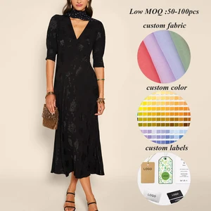 Clothing Factory Oem Wholesale Half Sleeve v Neck Women Elegant Long Dresses Custom v Neck Ladies Black Jacquard Dress