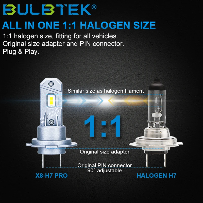 BULBTEK X8 H7 Pro 360 LED Light Canbus Ampoule 6000K 6500K 100W Halogen Replacement Mini Auto Car Lamp LED Headlight Bulb for VW