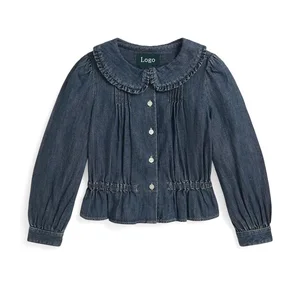 Custom Private Label Winter Long Sleeve Washed Denim Casual Ruffles Shirts for Girls Unique Pleat Blouse Kids Clothing