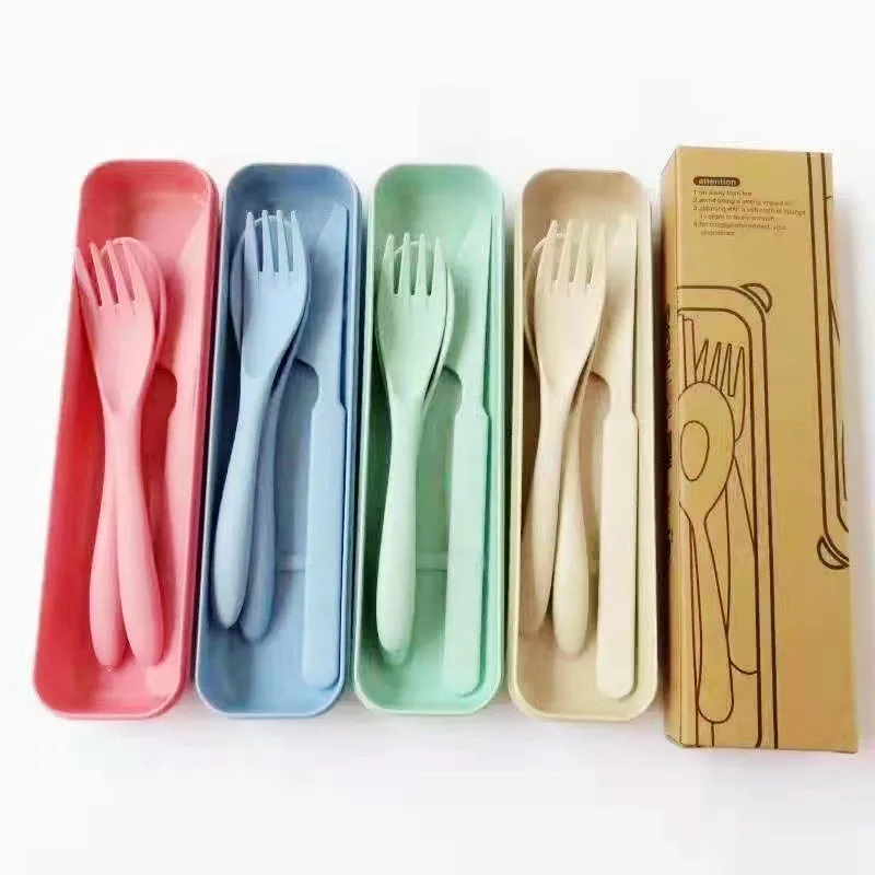 Reusable Travel Utensils Set with Case, Beige Wheat Straw Portable Knife  Fork Spoons Tableware, Eco-Friendly BPA Free Plastic Cutlery Travel Picnic