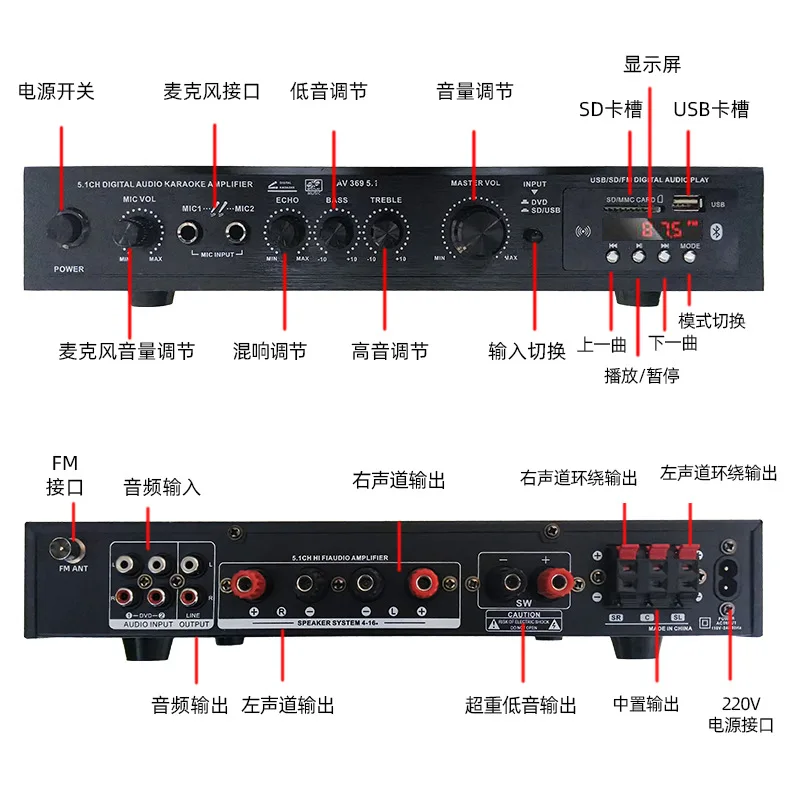 AV-369BT Amplificatore Stereo HiFi 5.1 Canali Con Bluetooth 5.1 – 200W+200W Per Home Cinema E Musica