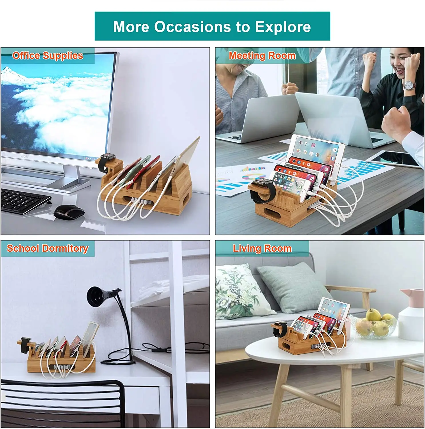 Desktop Organizer Multiple Device Storage Racks Wooden Mobile Phone Charging Station