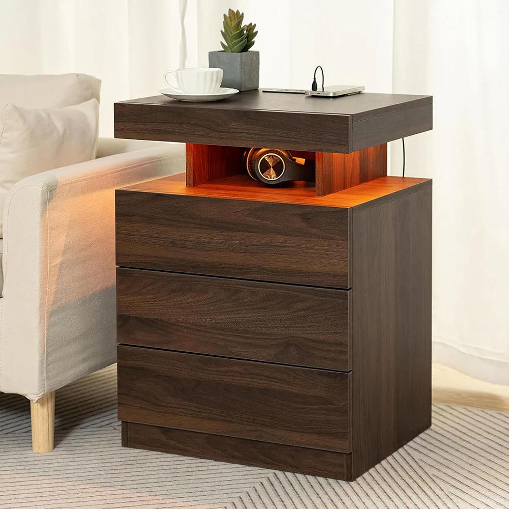 Nu-Deco Modern LED Nightstand Wireless Charging Station USB Ports 3 Drawers RGB Adjustable Brightness High Gloss Bedside Table