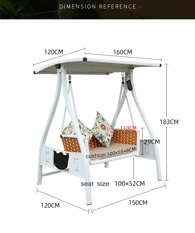 High quality two person double seat white garden outdoor aluminum swing wicker rattan hanging chair for adults