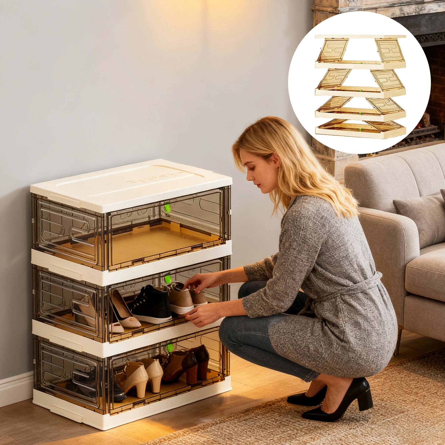Classic Square Foldable Acrylic Shoe Storage Cabinet Rack One-Piece Design No Installation Required Custom Logo Option