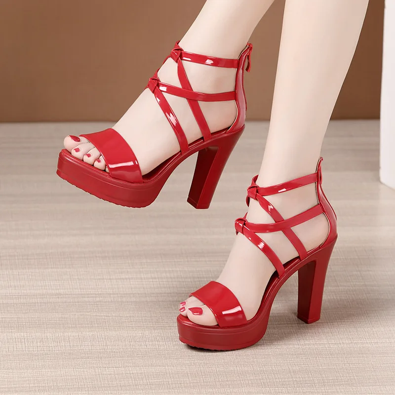 Ladies Comfy PU Red Sandals 10 Cm Block Heels Ankle Strap Peep Toe