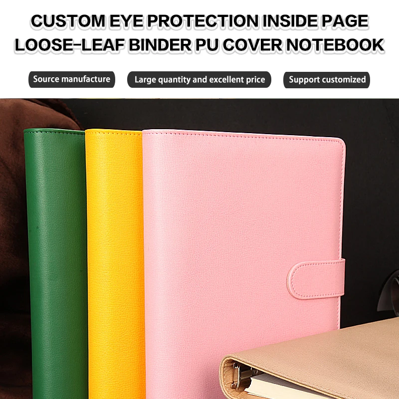 Custom pu leather cover notebook a5 binder logo lined notebook