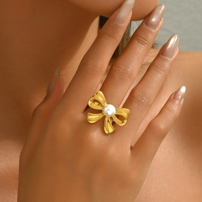 Elegant Simple Personalized Pearl-inlaid Design Adjustable 18k Gold Bow Ring for Pearl Setting Opening Finger Ring