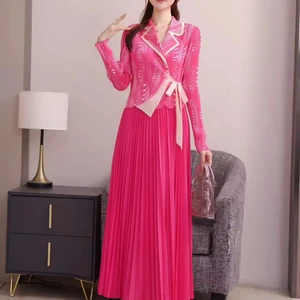 Stylish Women's Printed Lapel Long Sleeve Pleated Dress for Formal Daily Wear