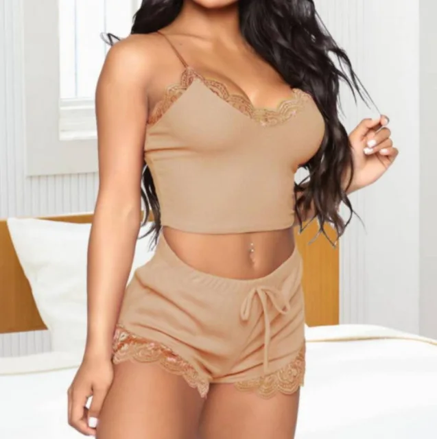 Women's Summer Sexy Strap Shorts Pajamas Loose Comfortable Lingerie Lace Trim Tie Home Wear One Piece Dropshipping