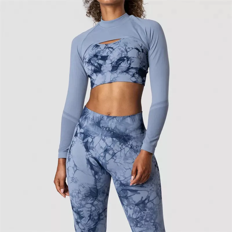 Tie Dye Women Workout 3 Piece Running Wear Jogger Fitness Sets Ribbed Seamless Leggings Gym Sportswear Bra Pants Yoga Set