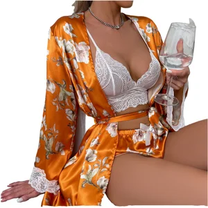 Silk Dyed Women's Sleepwear Plus Size Sexy Cardigan with Lace Casual Winter Set Featuring Drawstring Closure Luxurious Design