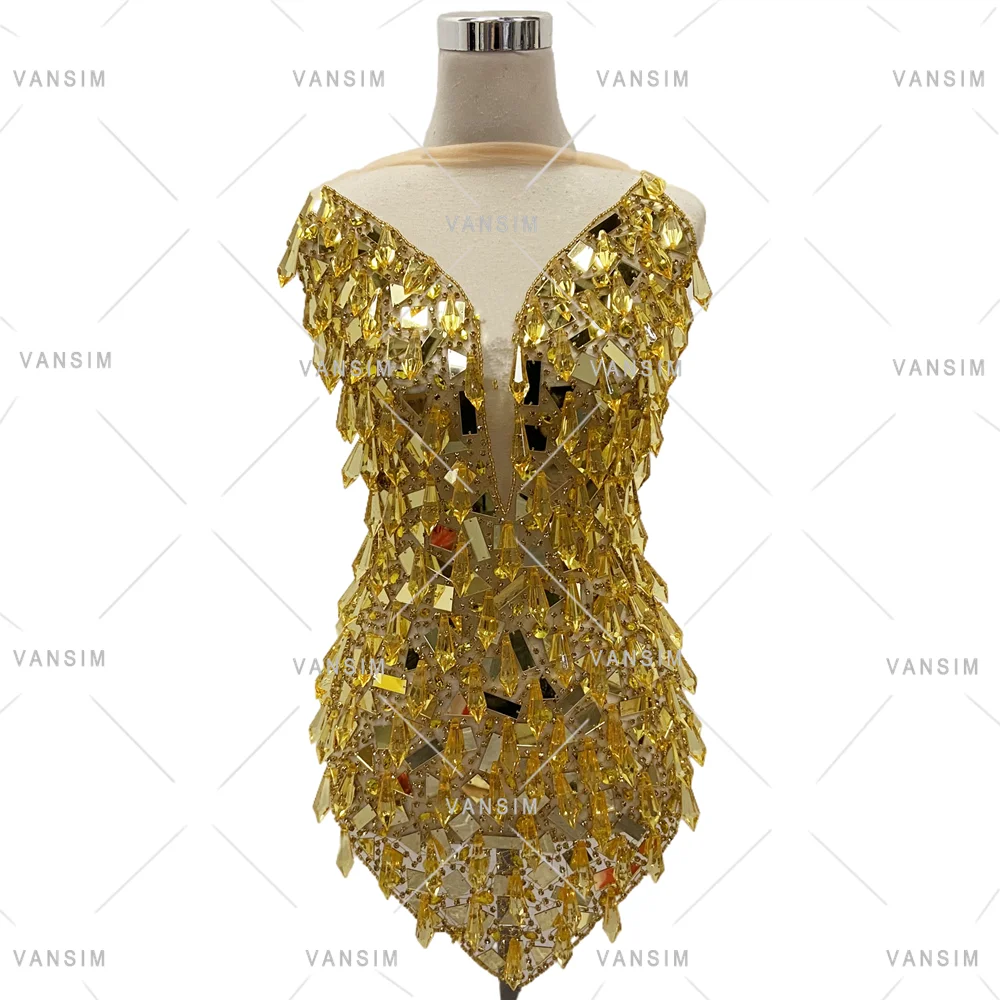 Mirror Acrylic with Drop Stone Gold Bodice Applique Handmade Rhinestone Applique Bridal With Icicle for Evening Dresses