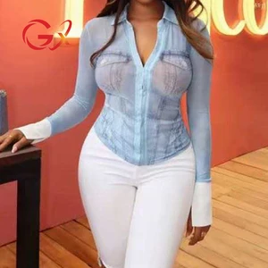 GX1293 Fashion 2026 Fall Women's Clothing Boutique Long Sleeve Turn Down V-Neck Printed Tops Sexy Women Blouse Mesh Shirt