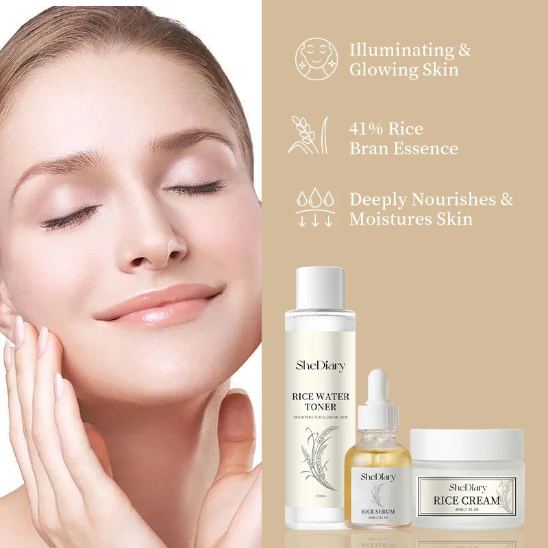 Custom SheDiary Moisturizing Facial Care Brightening Organic Rice Water Face Toner Facial Serum Cream Skin Care Set