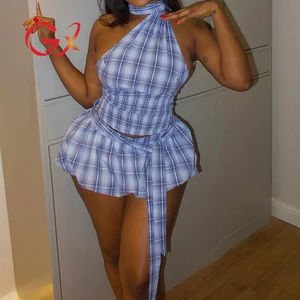 GX1899 Fashion 2026 Clothing Boutique Fashion Outfit for Women Sleeveless Halter Unique Tops and Bubble Mini Skirt 2 Piece Sets