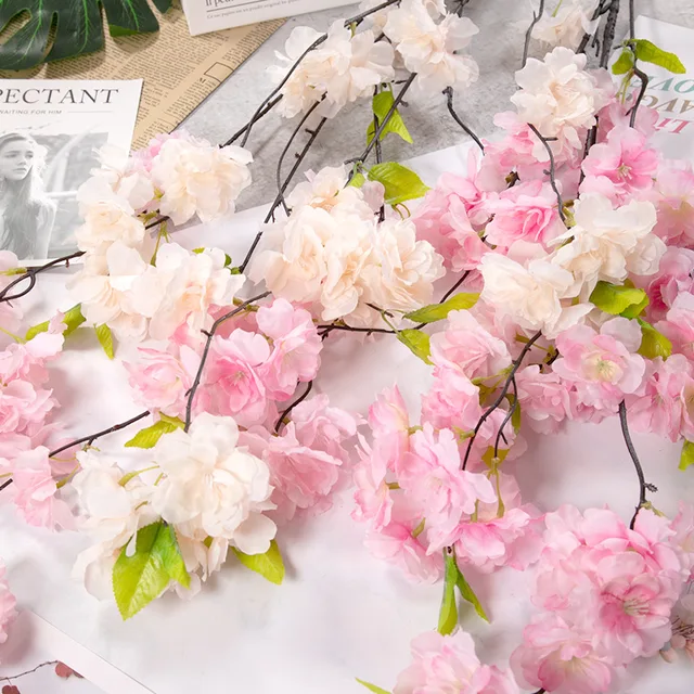 Artificial White Pink Silk Cherry Blossom Stems Faux Sakura Hanging Cherry Blossoms Branches