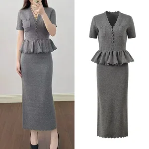 Bettergirl Spring 2026 New French V-neck Button Short Sleeve Gray Long Dress Slim Knitted Casual Dress