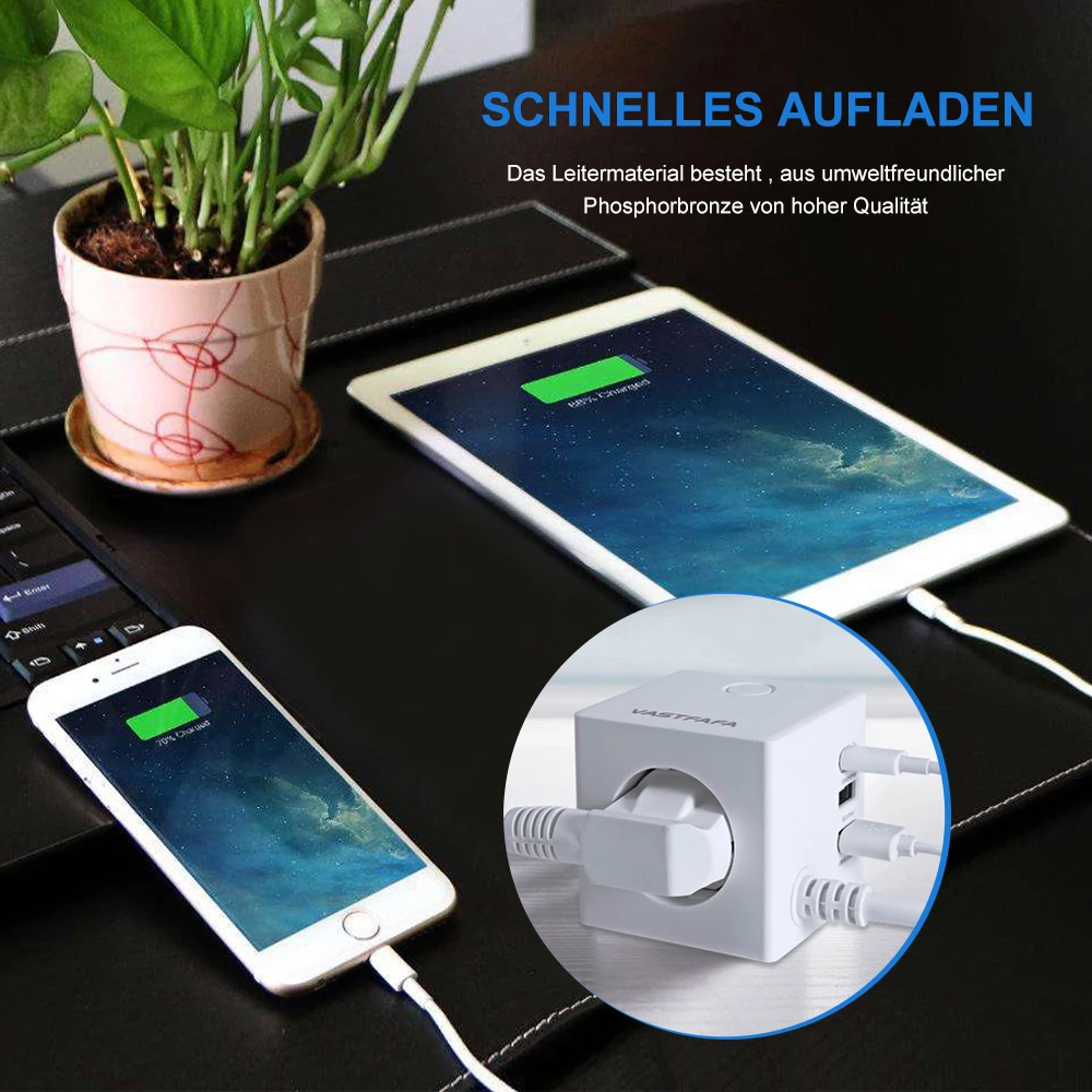 Vastfafa European  Plug USB Power Strip Cube Outlet Surge Protector Extension Socket