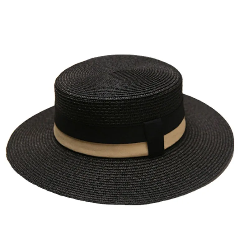 Natural Straw Flat Contrast Color Wide Band Decoration Top Boater Hat