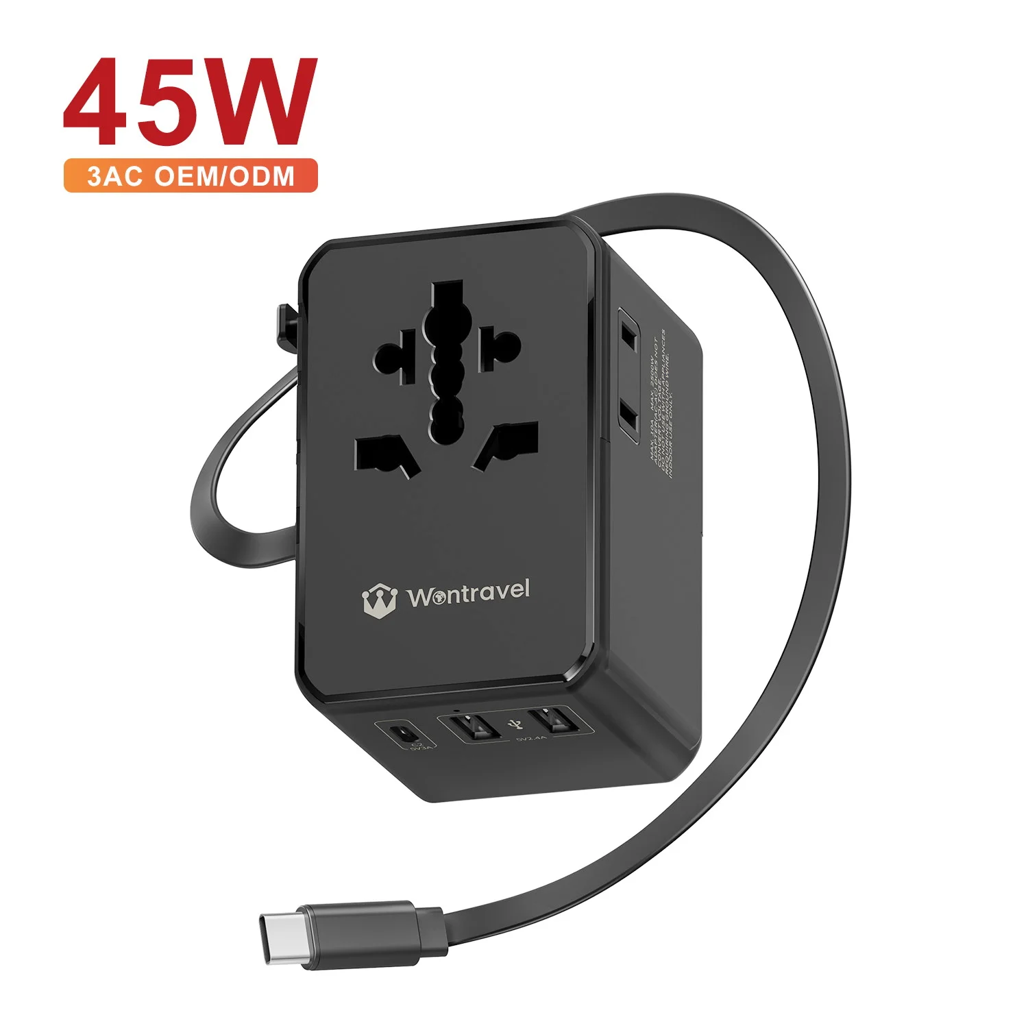 Wontravel 3AC Socket 45W PD Type C Fast Charging All in One Global Universal Travel Adapter with Retractable Cable