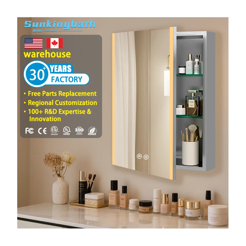 Led Medicine Cabinet Aluminium Wall Mount Bathroom Mirror Cabinet Makeup Touch Switch Led Cabinet with Mirror