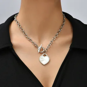 European American Punk Style Bamboo Chain Stainless Steel Peach Heart Shell Pendant Necklace Personality Retro Love Unisex