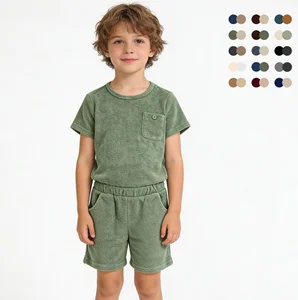 Wholesales Custom Kids Terry Towelling Set Short Sleeve Boys Clothing Sets Sustainable Towel Cloth Kids Clothing Sets