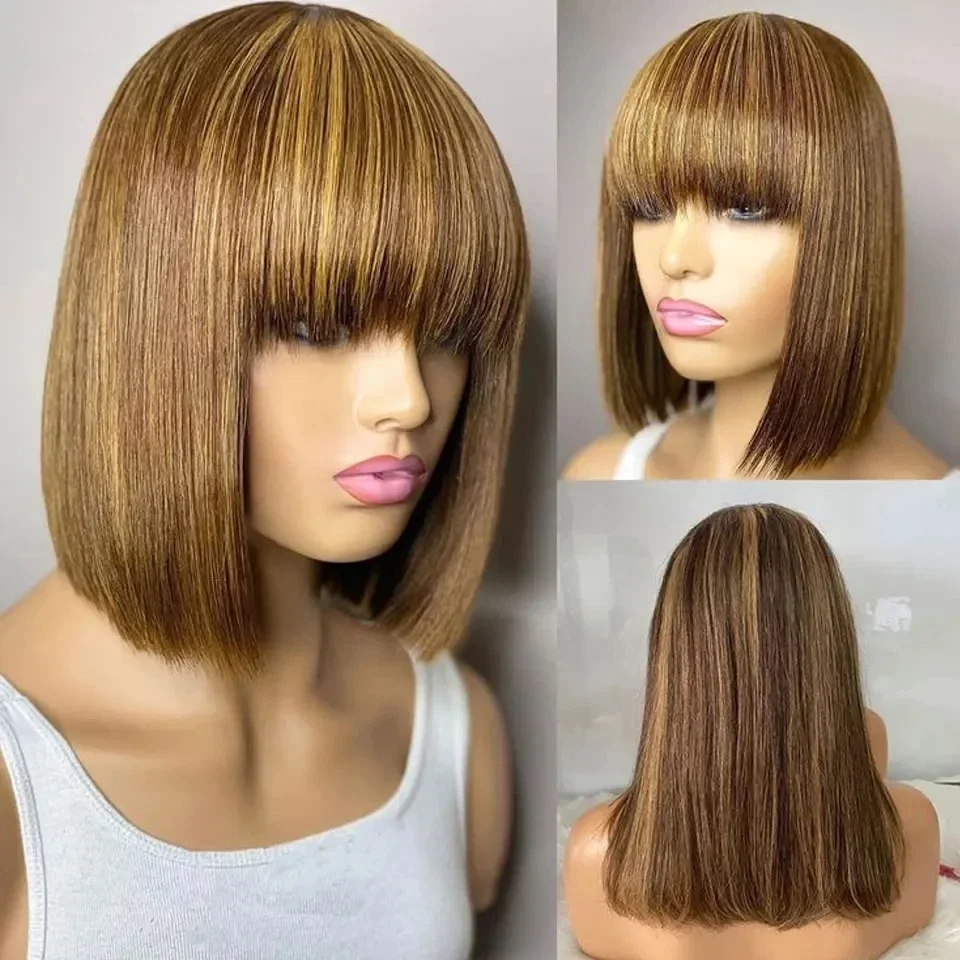 Blond Kort Bob Paryk Med Pandehår Brasiliansk Ægte Hår Til Kvinder_voghion.com