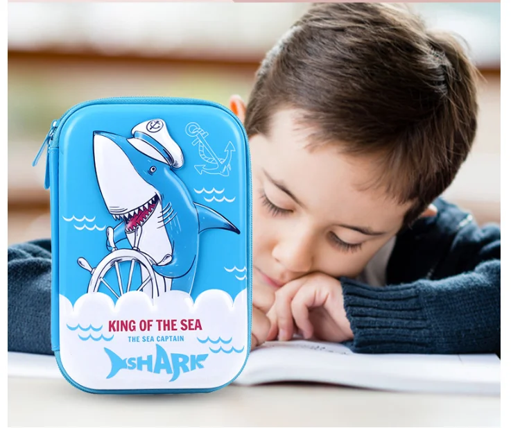 EVA Kids Organizer Bag Rectangle Stationery Box PU Fabric Cartoon Unicorn Dinosaur Shark Pencil Case