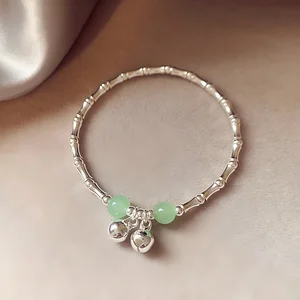 Silver Plated Shaped Bracelet with Green Beads and Bell Charms Elegant Chinese Style Bracelet for Women Fashion Jewelry